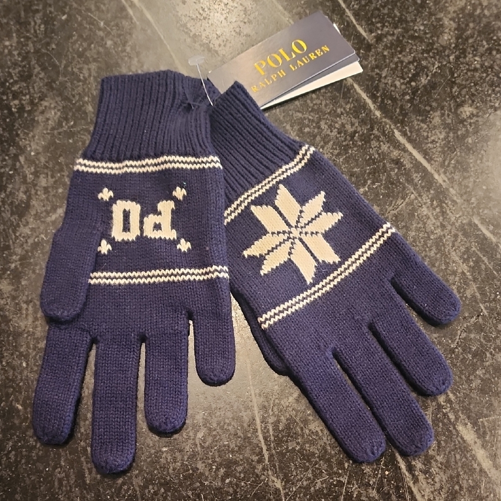 NWT Polo Ralph Lauren Kids Navy Blue And White Knit Gloves L/XL